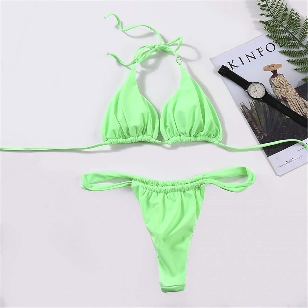 Neon Green Cheeky Bikini Set | Size Medium | Triangle Top + Tie Bottoms